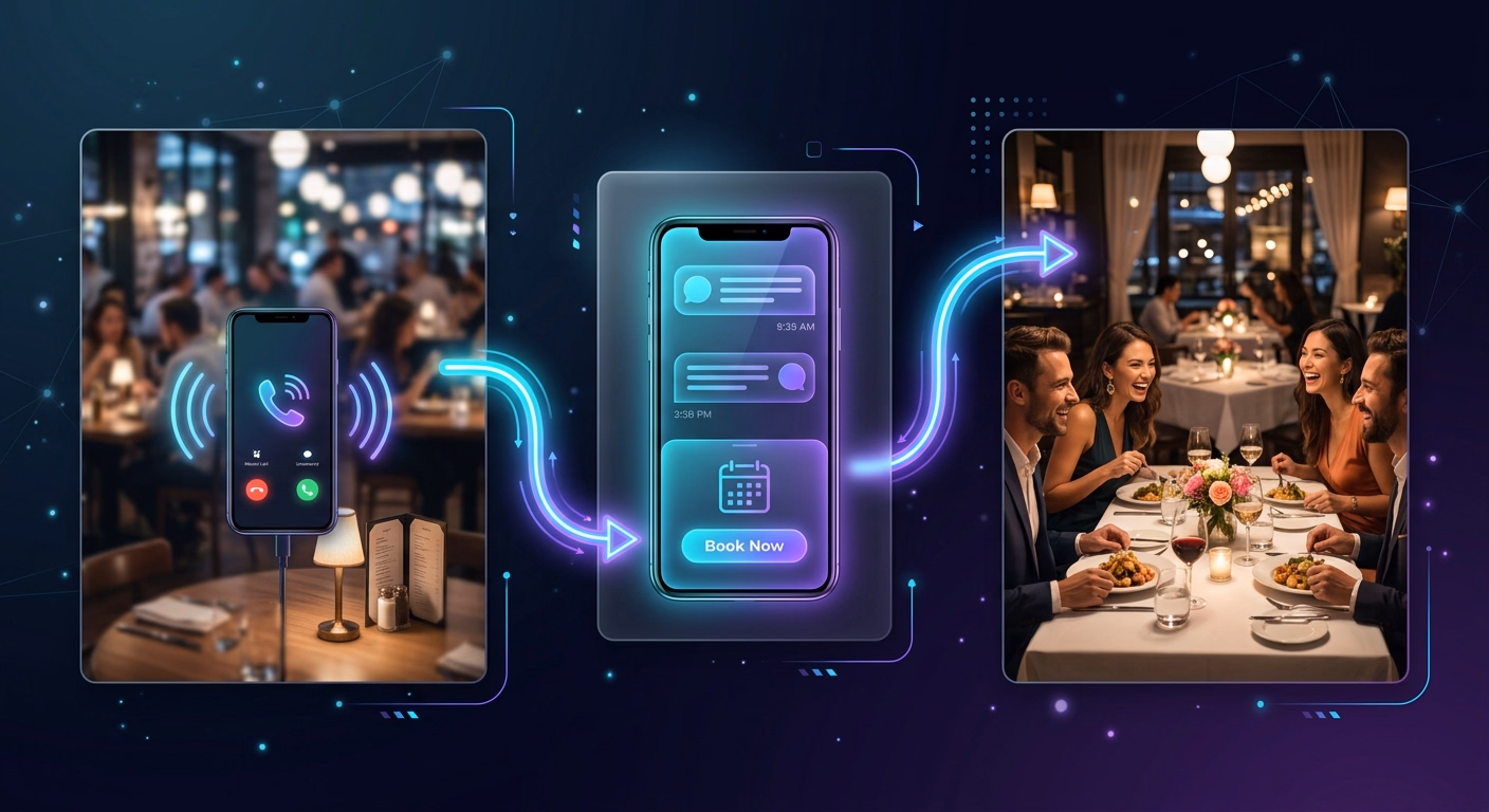 Séquence d'un appel manqué de restaurant transformé en table réservée grâce à un SMS automatique envoyé par l'IA