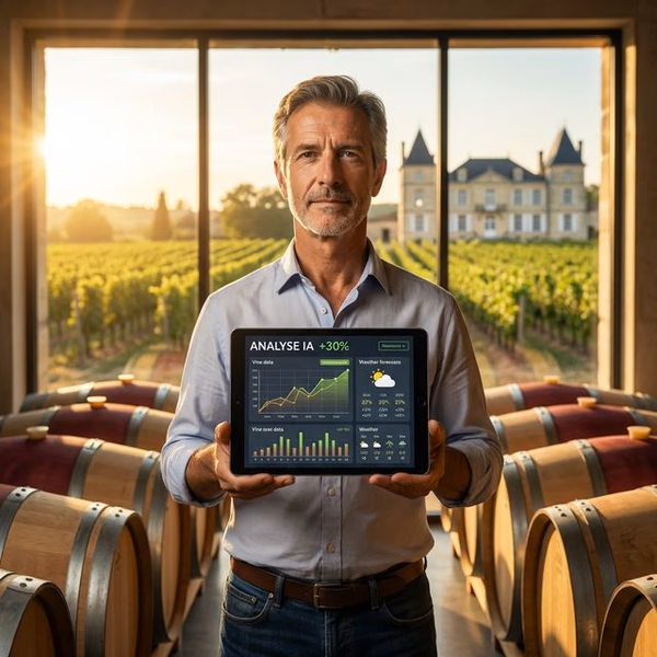 Illustration ChatGPT viticulture : vigneron utilisant l'IA pour optimiser son domaine viticole