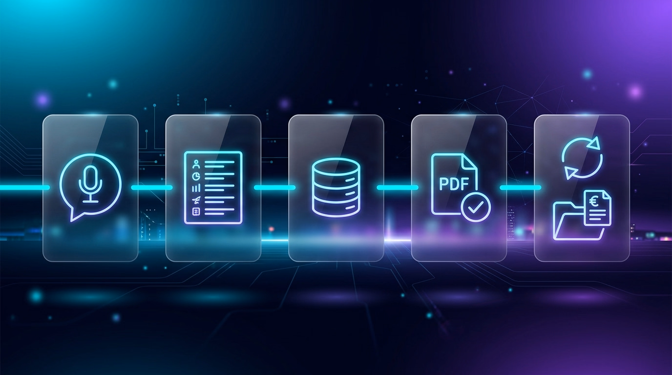 Chaîne d'automatisation d'un devis, de la demande client captée à la voix jusqu'à la transformation en facture