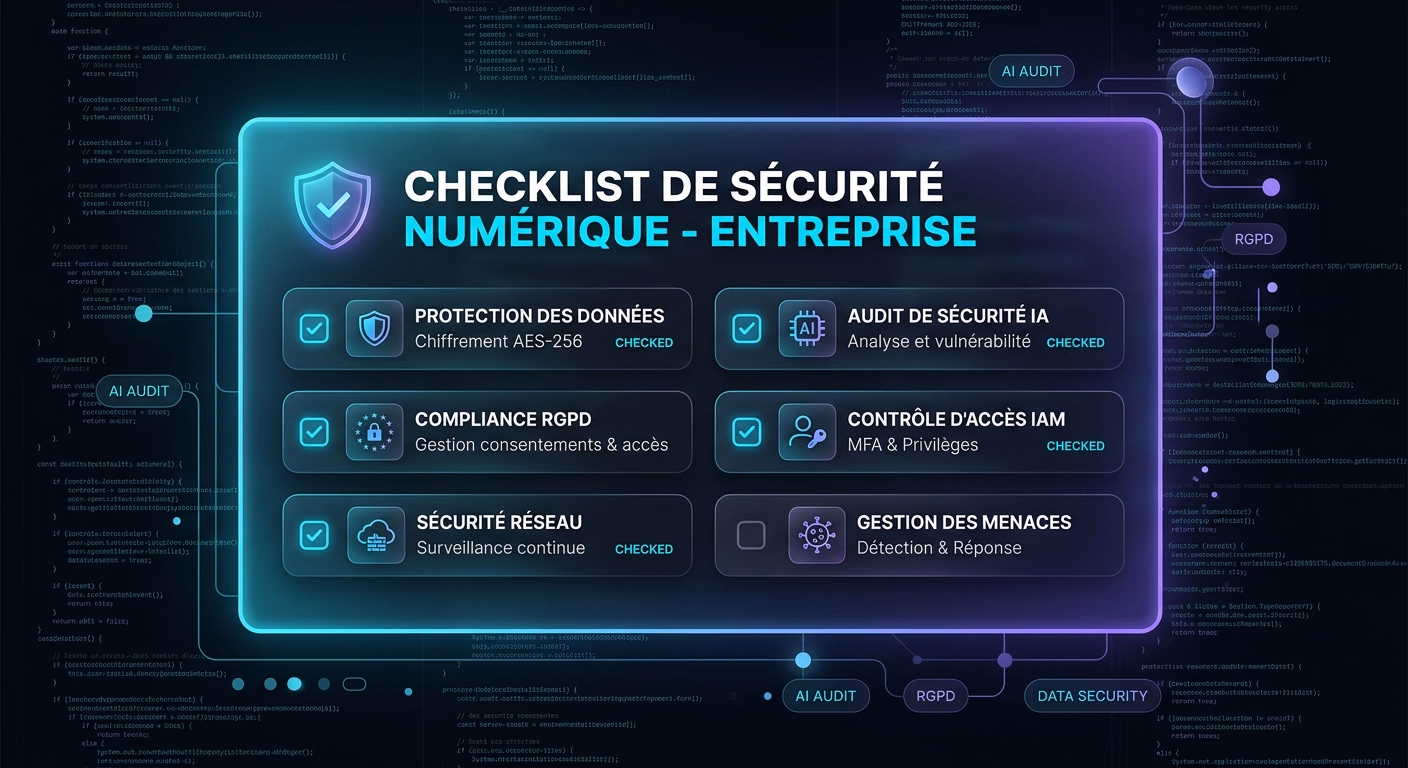 Interface de checklist sécurité numérique sur fond dark mode, icônes bouclier et cadenas, palette cyan-violet, audit sécurité IA entreprise