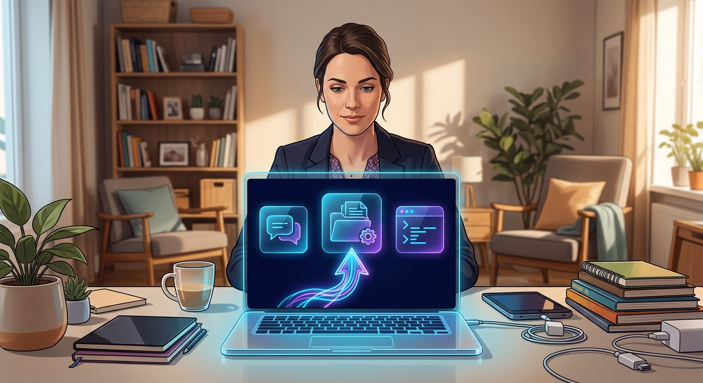 Dirigeant de TPE face à un écran affichant trois options : chat, tâche de bureau automatisée et terminal de code, pour choisir le bon mode de Claude