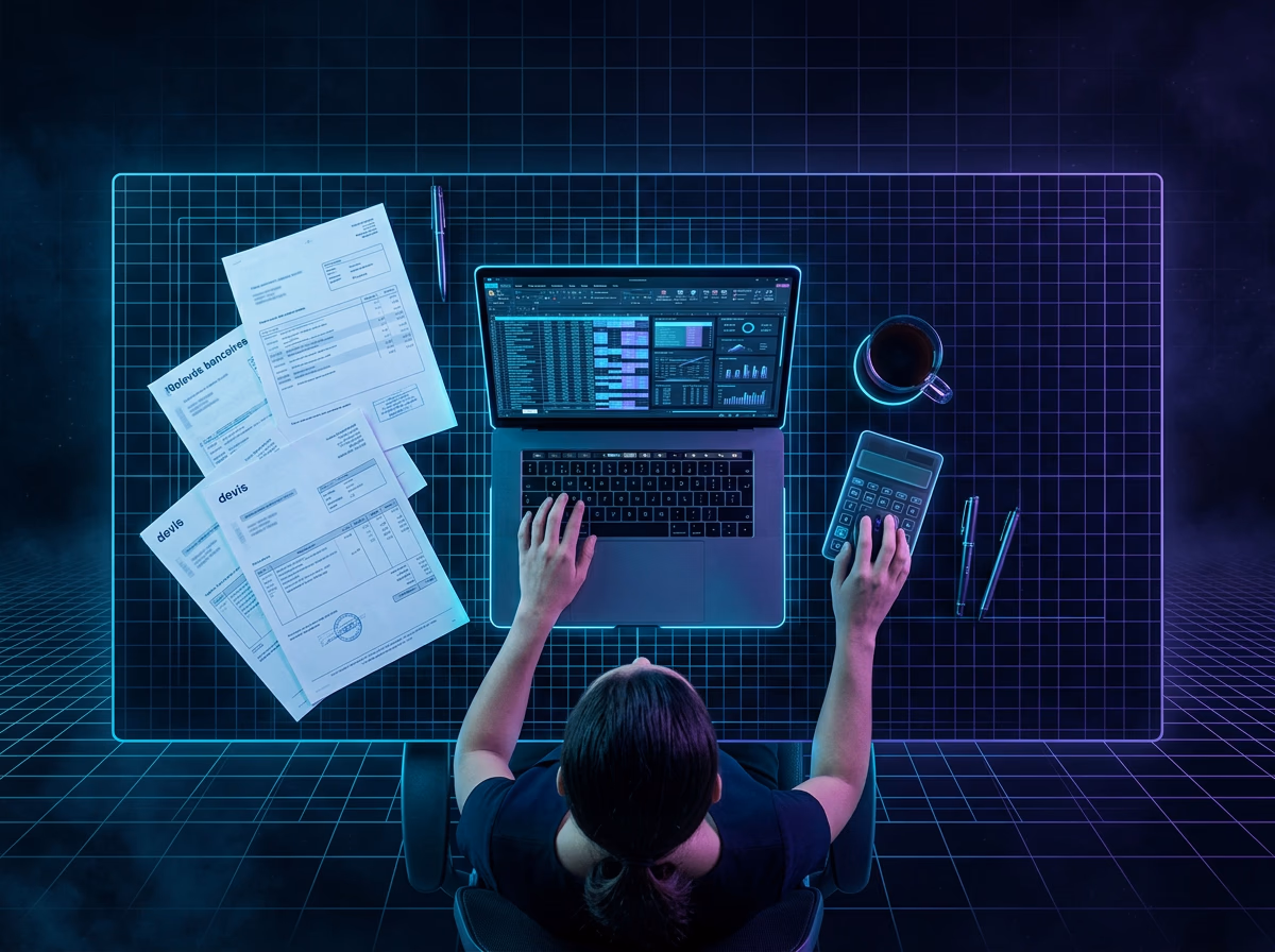 Comptable de TPE consultant un tableau de suivi Excel avec formules sur un ordinateur portable, relevé bancaire et devis papier posés à côté du clavier