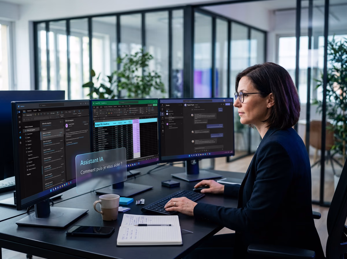 Assistante de direction dans un bureau moderne français consultant trois écrans affichant Outlook, un fichier OneDrive et une discussion Teams, avec un assistant IA en overlay