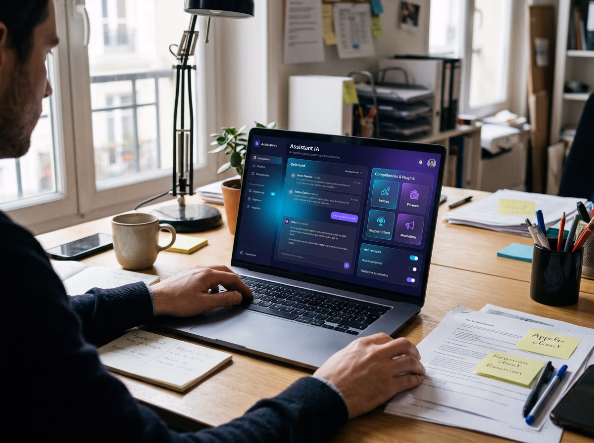 Salarié de TPE dans un bureau lumineux consultant une liste de plugins et compétences pour son assistant IA, avec des icônes représentant ventes, finance, support client et marketing