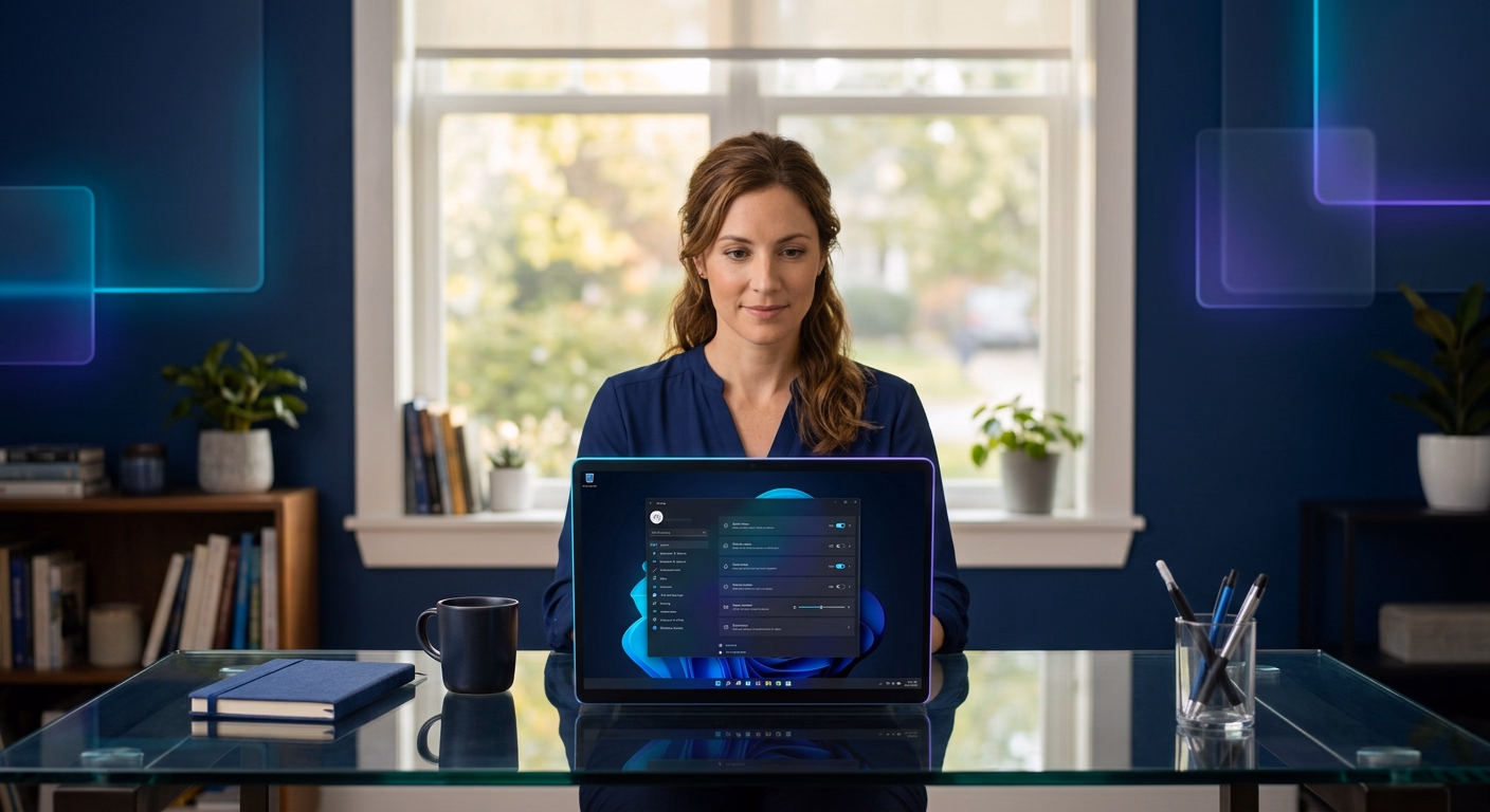 Assistante de TPE devant un ordinateur portable Windows dont l'écran affiche les paramètres système, pour vérifier l'édition de Windows avant d'installer Claude Cowork