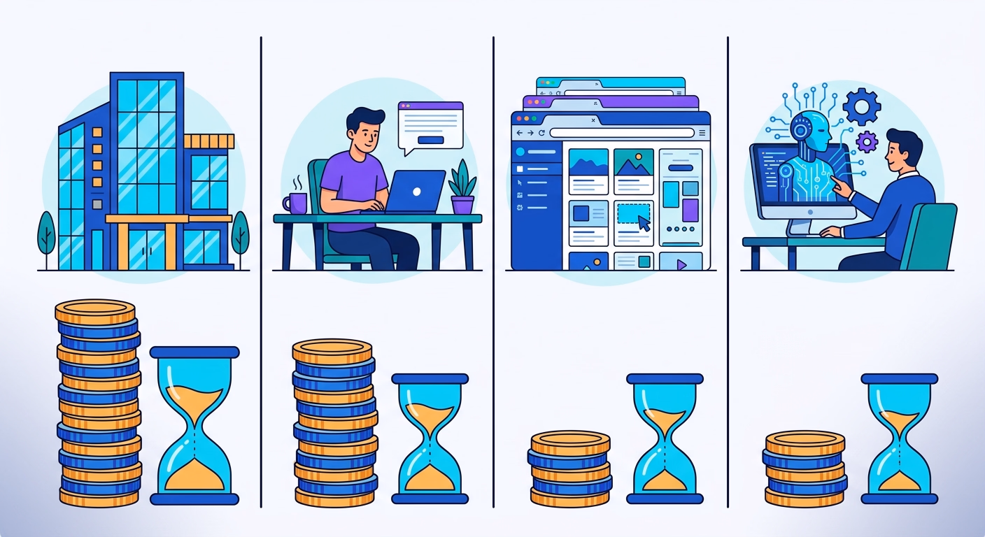 Illustration comparant quatre façons d'obtenir un site internet de TPE, agence, freelance, abonnement en ligne et création avec l'IA, avec pour chacune une pile de pièces et un sablier symbolisant le coût et le temps