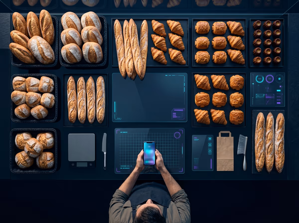 Vue du dessus d'un artisan boulanger qui consulte sur son smartphone la réponse d'un assistant IA, entouré de pains, de viennoiseries et d'écrans de commerce connecté