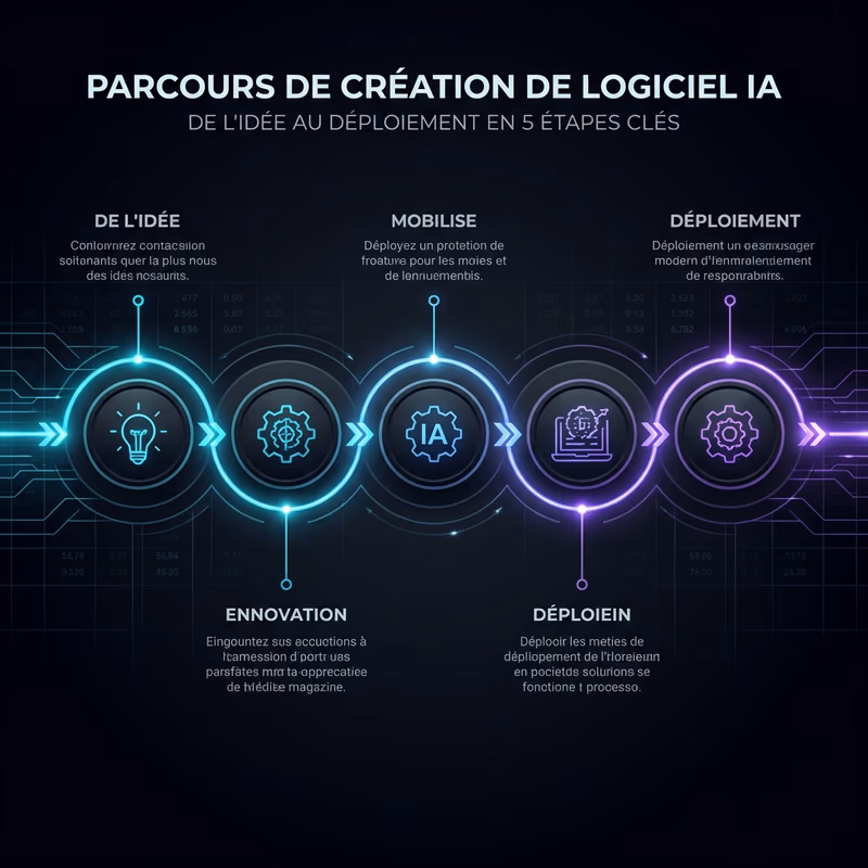 Infographie des 5 étapes pour créer son logiciel de gestion avec l'IA : Idée, Conception, Développement, Test, Déploiement