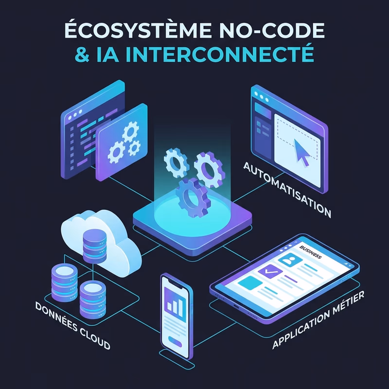 Illustration de l'écosystème no-code et IA interconnecté pour la création d'applications métier TPE/PME