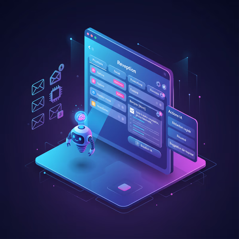 Illustration d'un système de gestion emails avec intelligence artificielle, boîte de réception organisée avec catégories automatiques et brouillons IA