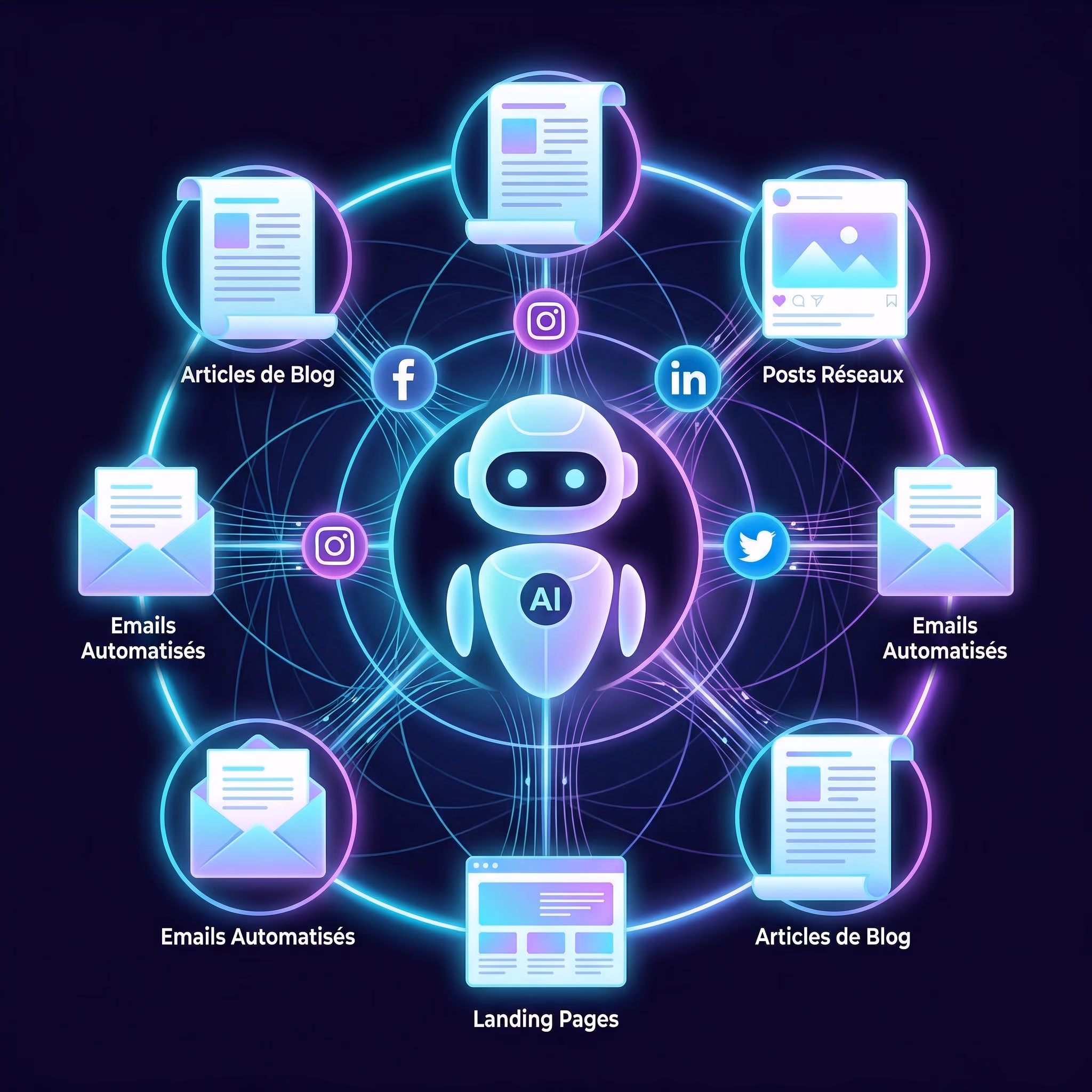 Illustration de contenus marketing générés par intelligence artificielle : articles blog, posts sociaux, emails et landing pages interconnectés par des flux IA