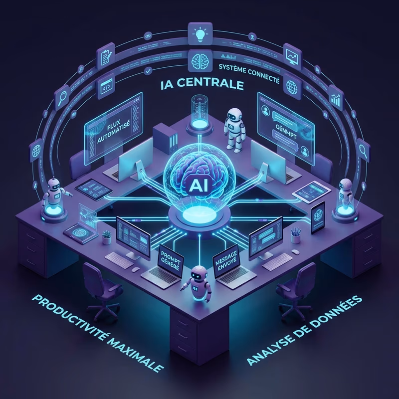 Freelance utilisant ChatGPT et des outils IA pour automatiser ses livrables clients depuis son espace de travail