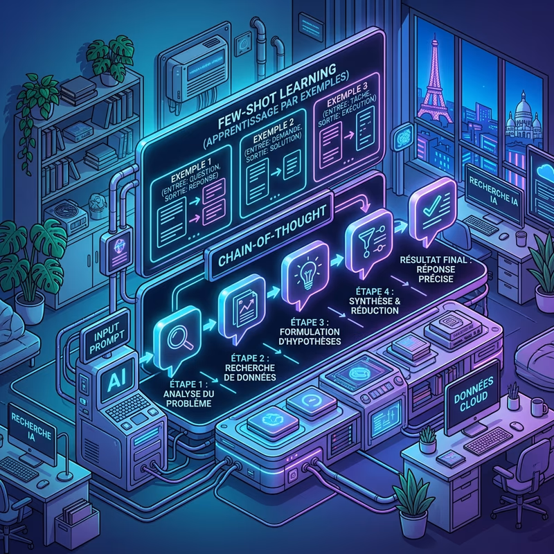 Illustration des techniques avancées de prompt engineering : chain-of-thought et few-shot