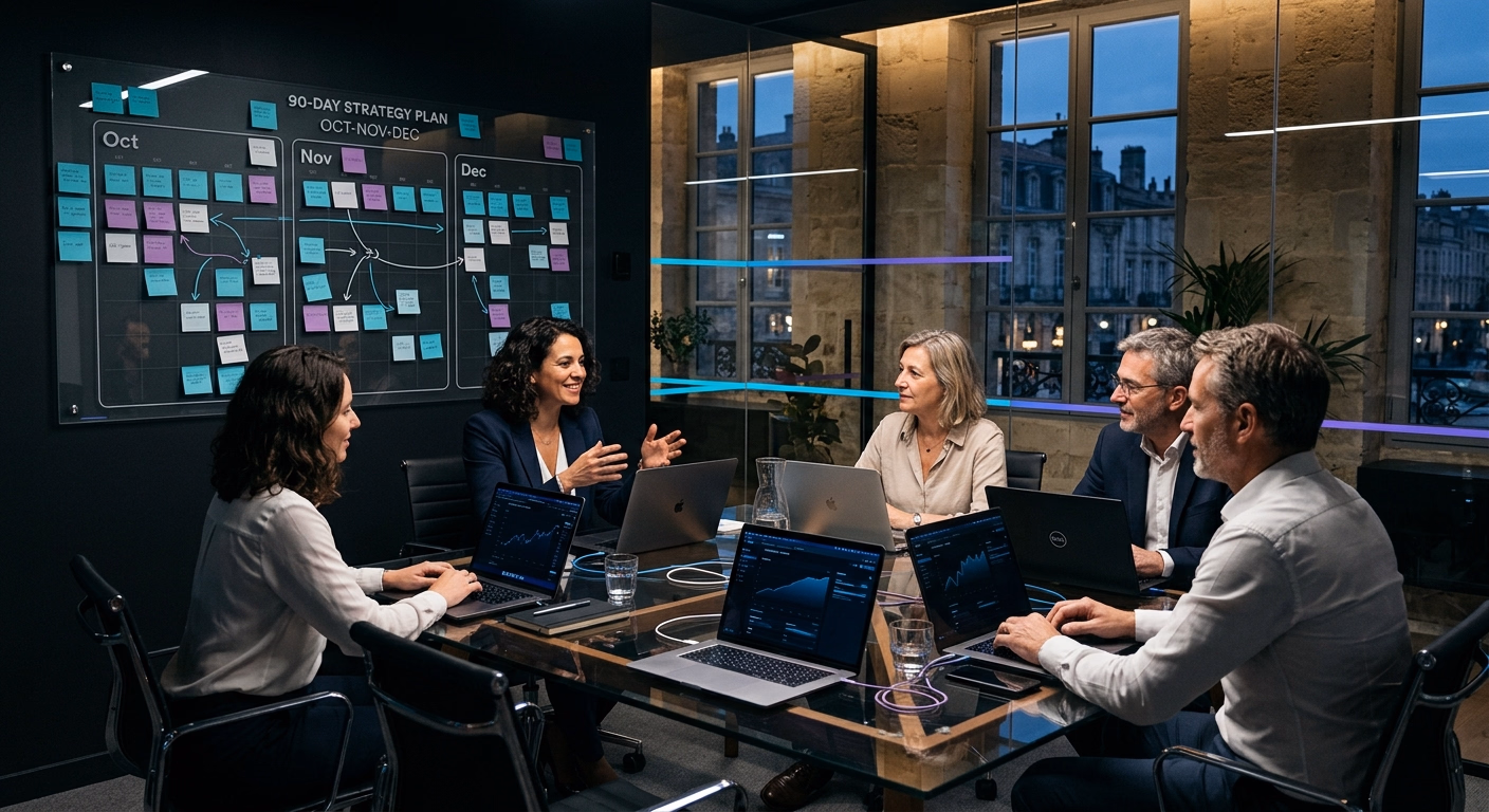 Dirigeant et collaborateurs d'une TPE bordelaise en session de formation à l'IA devant un planning de 90 jours