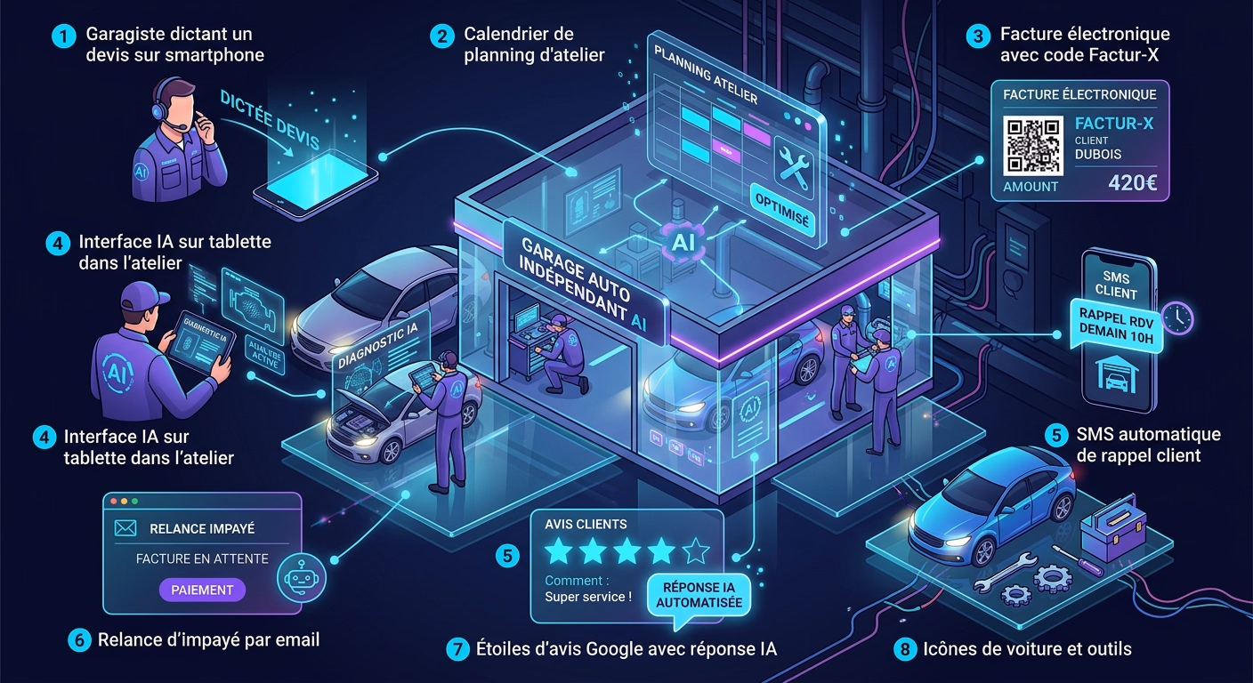 Illustration isométrique des 8 usages de l'IA pour un garage automobile : devis vocal, planning atelier, facturation électronique, avis Google, relance clients, SMS automatique