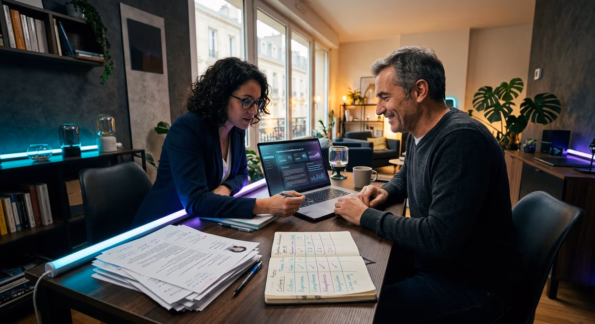 Une responsable RH et le dirigeant d'une PME bordelaise relisent une synthèse de candidatures préparée avec un assistant IA, CV papier annotés à côté
