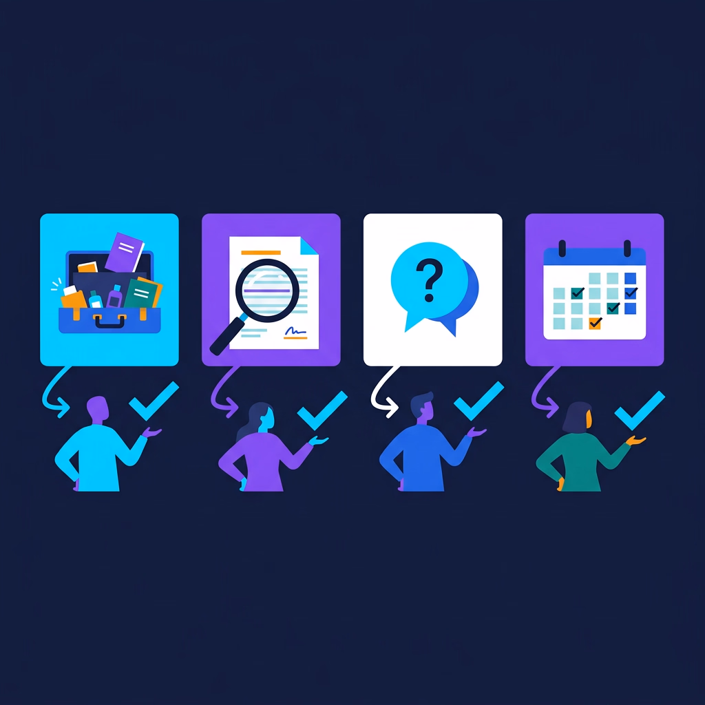 Illustration de quatre tâches RH administratives d'une TPE, onboarding, recherche de clause, questions des salariés et planning, chacune validée par une personne