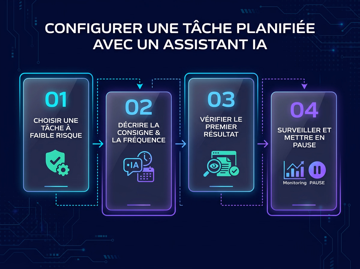 Schéma en quatre étapes pour configurer une tâche planifiée fiable avec une IA de bureau : choisir, décrire, vérifier, surveiller