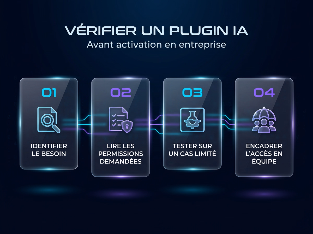 Schéma en quatre étapes pour vérifier un plugin IA avant de l'activer en entreprise : identifier le besoin, lire les permissions, tester sur un cas limité, encadrer l'accès en équipe