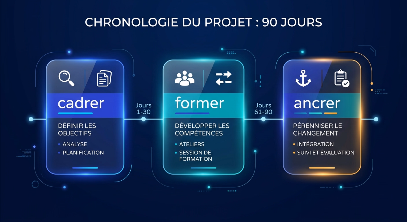 Plan de formation IA en 90 jours pour une TPE, trois phases de trente jours : cadrer, former, ancrer