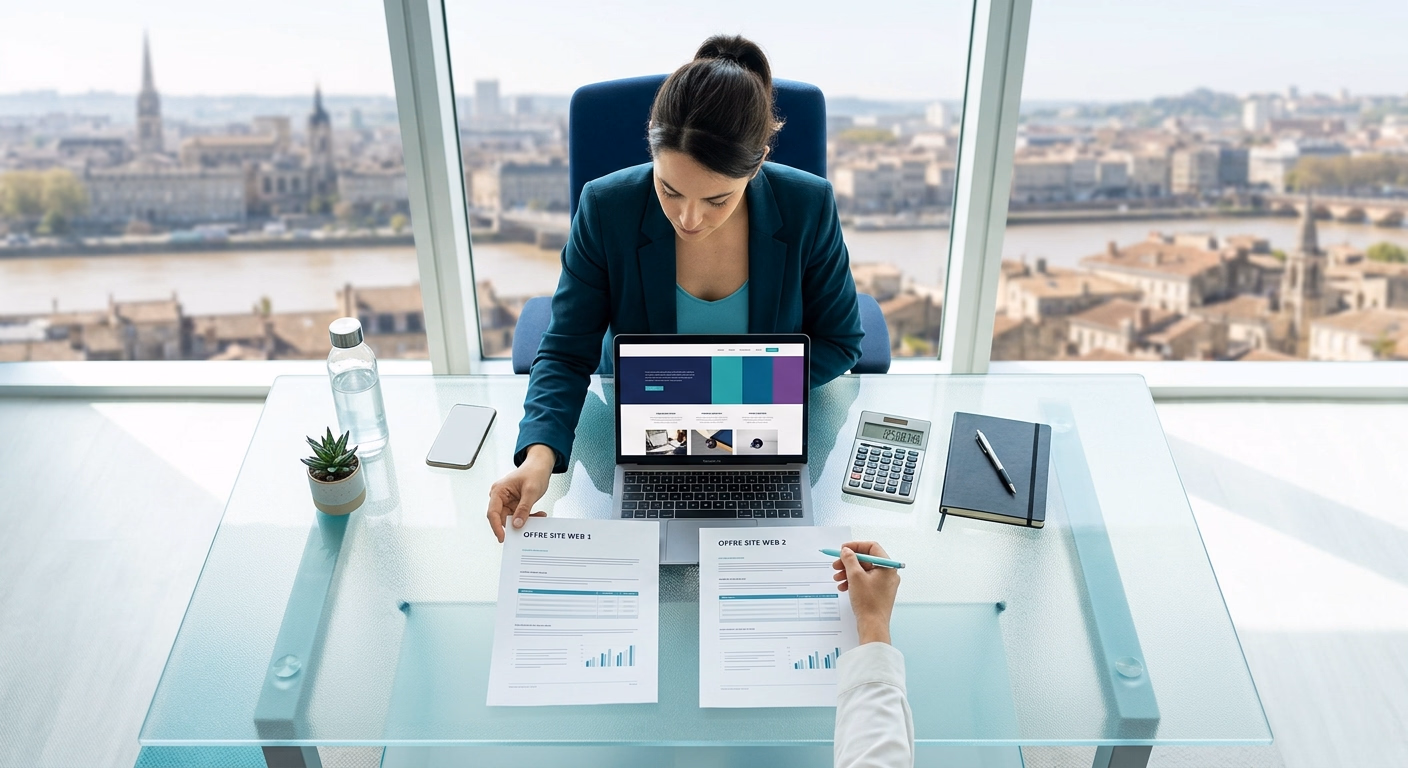 Dirigeante de TPE qui compare deux devis de création de site internet à son bureau, ordinateur ouvert sur l'aperçu d'un site vitrine, calculatrice à portée de main