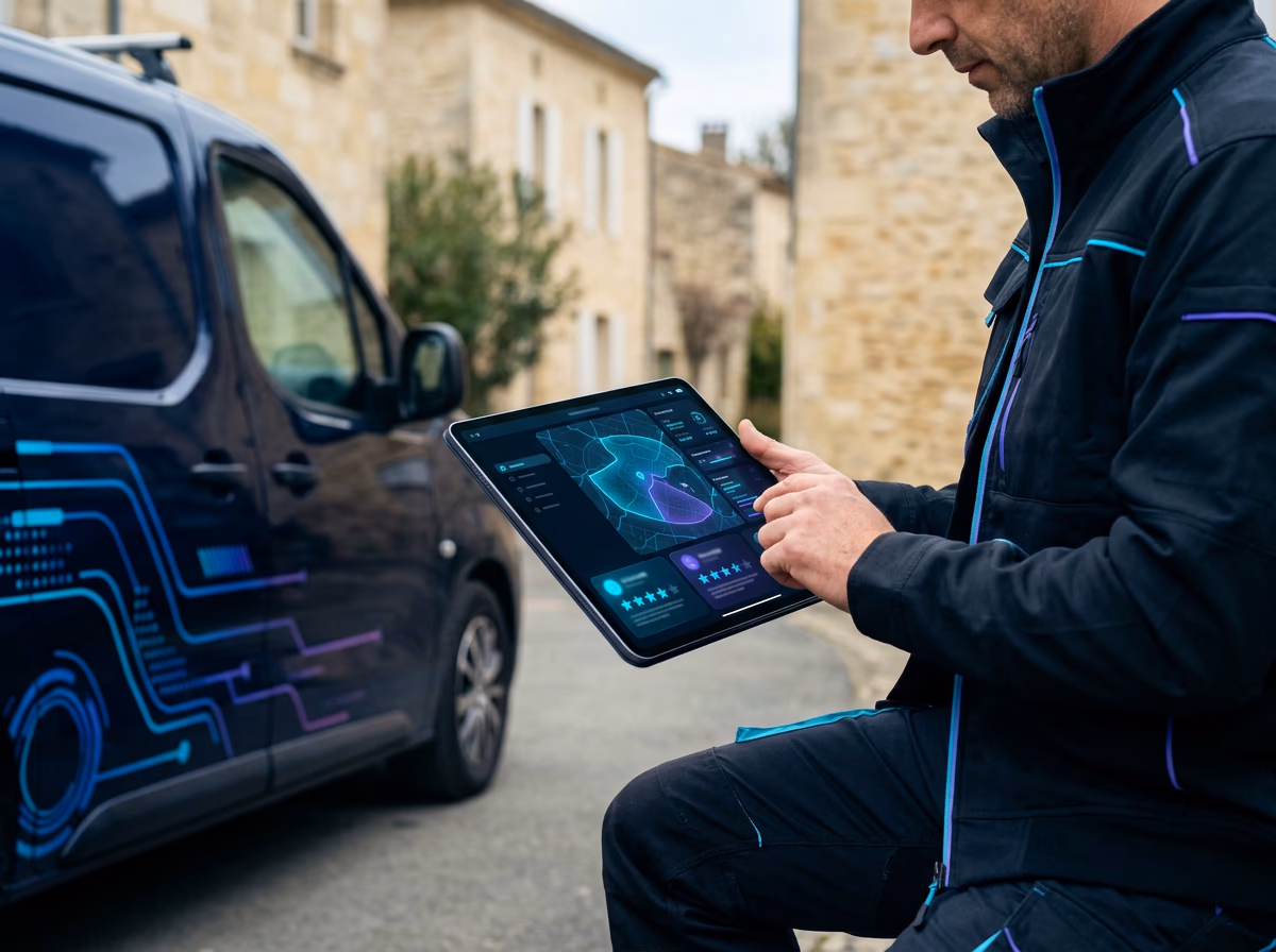 Artisan plombier devant sa camionnette dans une rue de village girondin, consultant sur une tablette la page de son site avec une carte de zone d'intervention et des étoiles d'avis clients