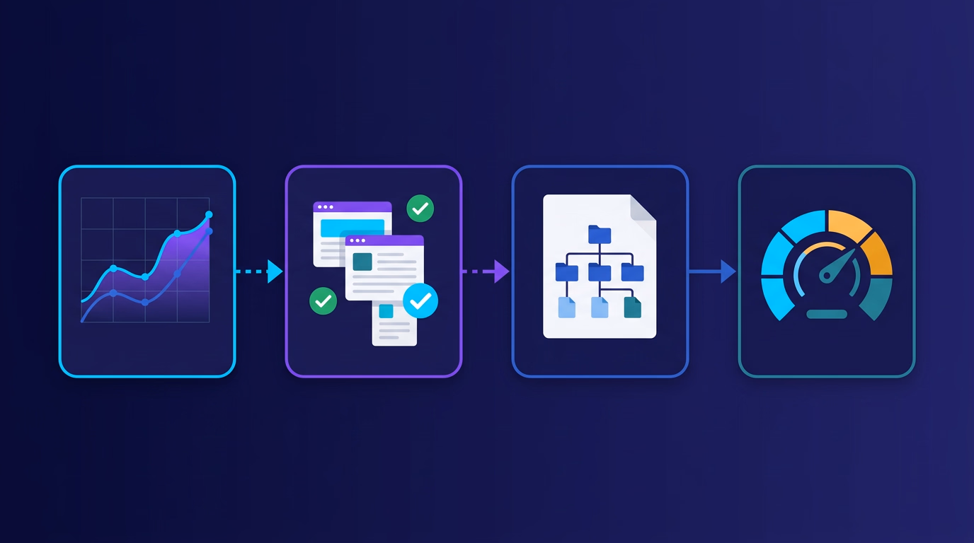 Schéma de quatre cartes alignées représentant les quatre rapports de la Search Console à consulter chaque mois : performances, indexation des pages, sitemaps et expérience de la page