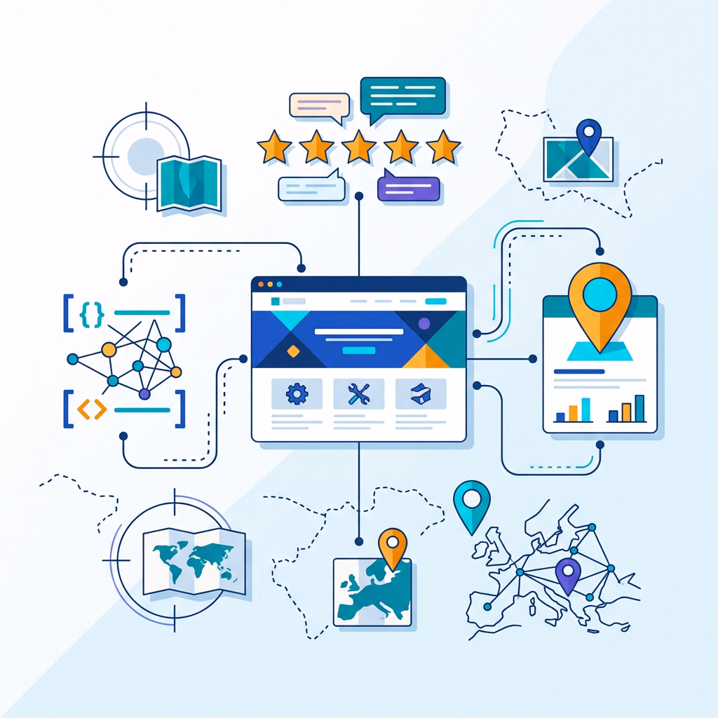 Schéma d'une page de service reliée à une fiche d'établissement géolocalisée, à des avis clients étoilés et à un bloc de données structurées, avec plusieurs zones géographiques autour