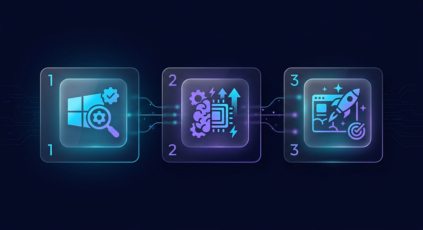 Schéma en trois étapes pour installer Claude Cowork sur Windows : vérifier l'édition, activer la virtualisation, installer et tester l'application
