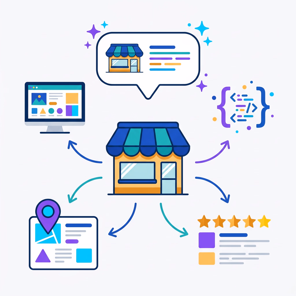 Schéma d'une boutique locale reliée à quatre signaux de visibilité, fiche d'établissement géolocalisée, avis clients étoilés, page de service et données structurées, avec une bulle d'assistant IA qui cite la boutique