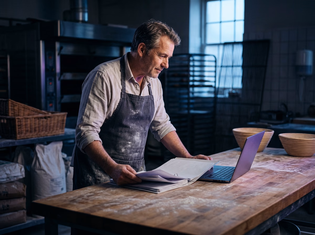Artisan boulanger dans son fournil tenant un classeur de documents devant un ordinateur portable pour vérifier à qui appartient son site internet
