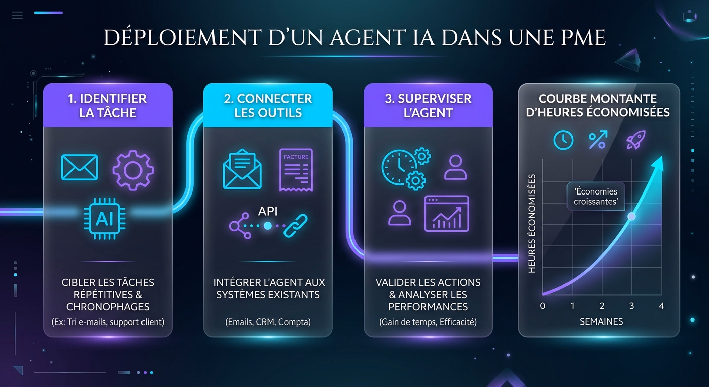 Infographie des trois étapes du déploiement d'un agent IA en PME avec courbe d'heures économisées