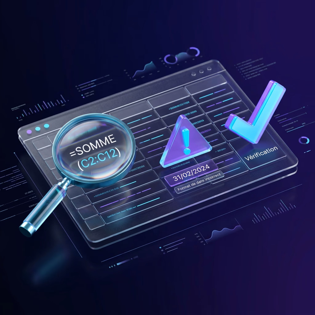 Schéma de vérification d'un tableau Excel généré par une IA : loupe sur une formule, coche de validation, alerte sur un format de date incorrect