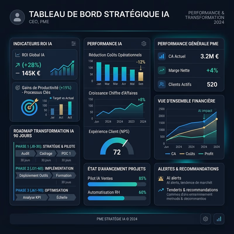 Consultant analysant des données stratégiques avec l'aide d'une intelligence artificielle pour produire un rapport client