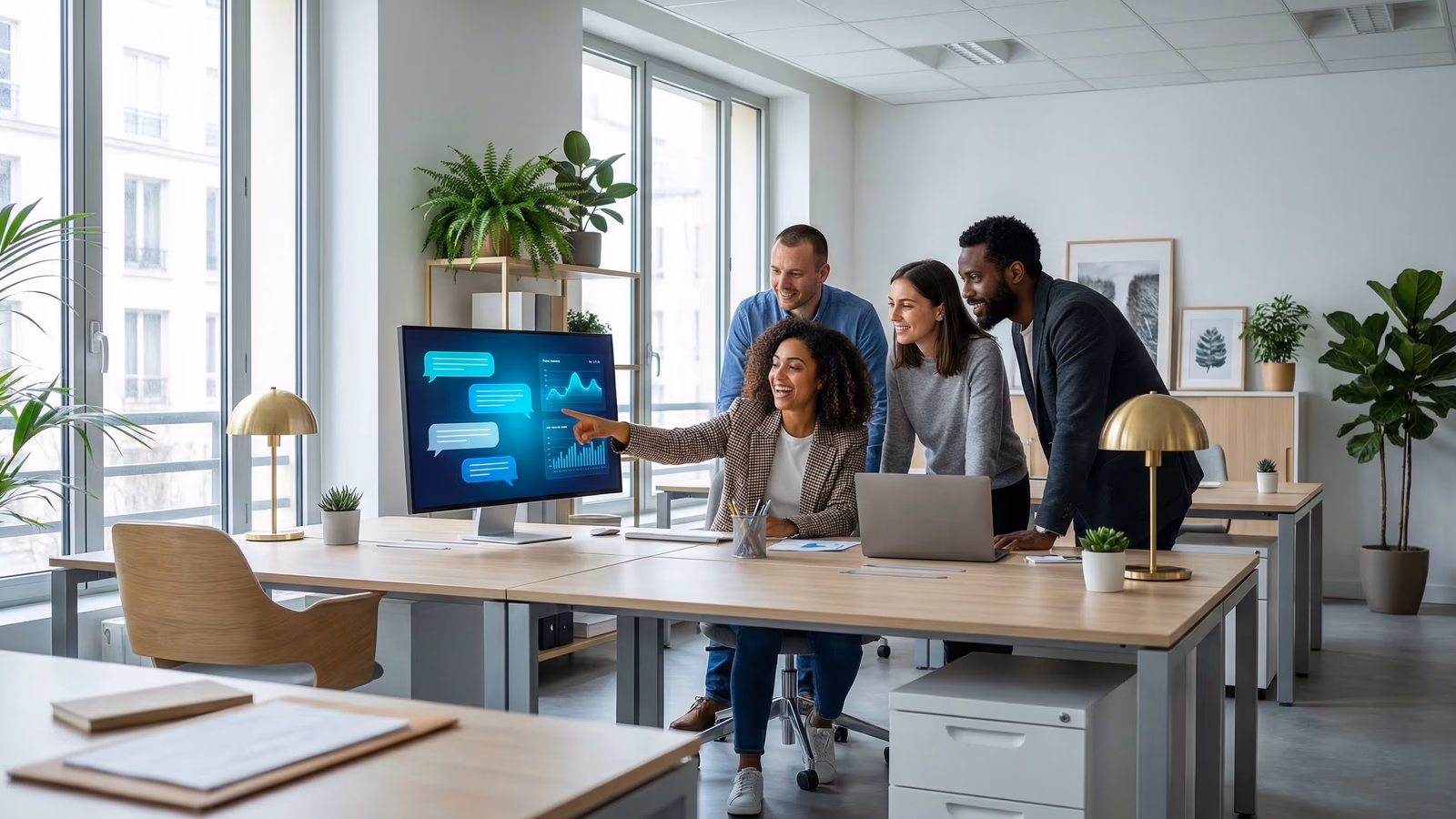 Collaborateurs utilisant l'intelligence artificielle sur leurs ordinateurs dans un bureau français moderne à Bordeaux
