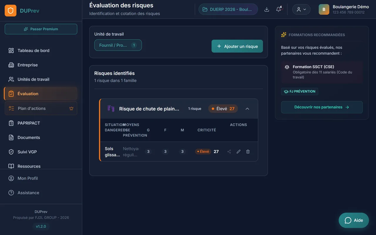 DUPrev, le logiciel Document Unique : seconde vue